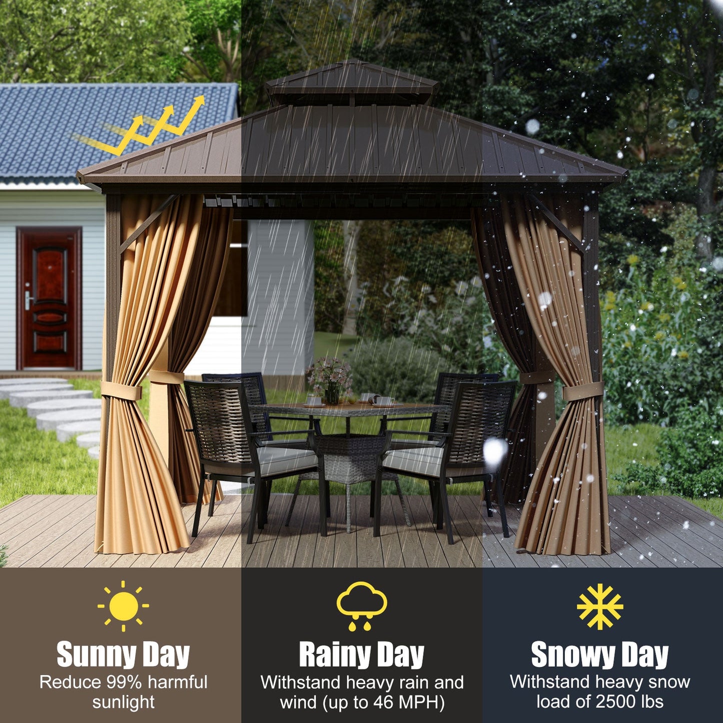 10 X 10 Feet Hardtop Gazebo with Netting and Curtain for Patio Backyard-Coffee