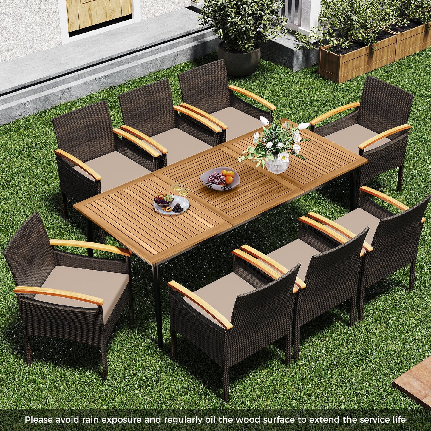 9 Pieces Patio PE Wicker Dining Set with Cushions and Umbrella Hole