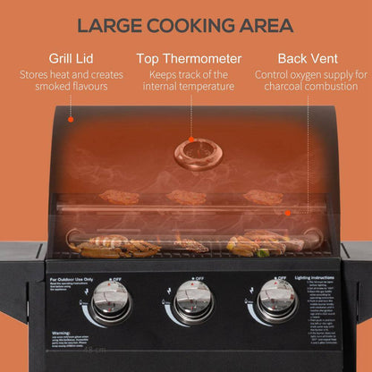 Outdoor 3 Burner Gas Grill, Propane, Portable Smoker in Black with Wheels, Warming Rack