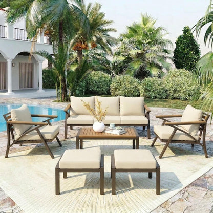 6-Piece Modern Outdoor Conversation Set with Acacia Wood Accents & Cushions