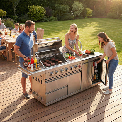 The Sterling 84" 6-Burner Stainless Steel Outdoor Kitchen with Refrigerator, Sink & Rotisserie