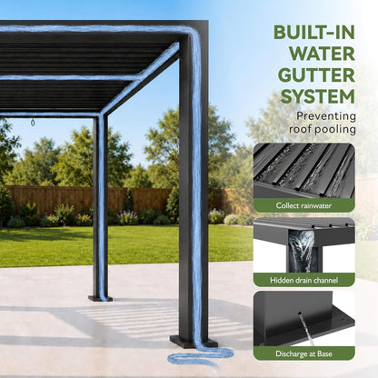 9' x 12' Motorized Louvered Pergola with LED Lights & Fan