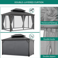 12'X14' Hardtop Gazebo, Heavy Duty Aluminum Permanent Hardtop Gazebo Outdoor Pavilion with Curtains and Netting for Garden