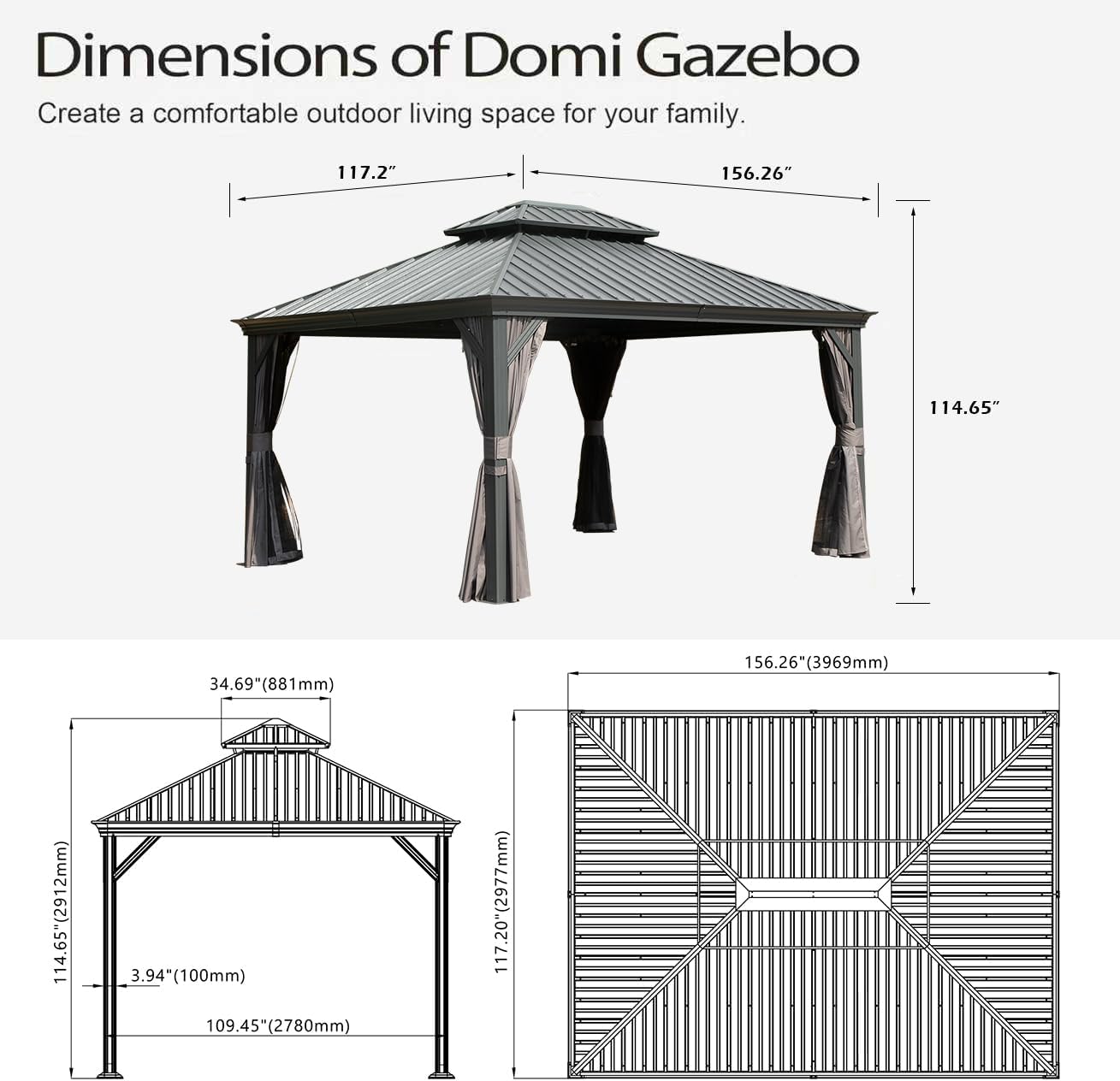 Crefise Patio Life 10' x 13' Hardtop Gazebo with Galvanized Steel Double Roof, Curtains & Netting