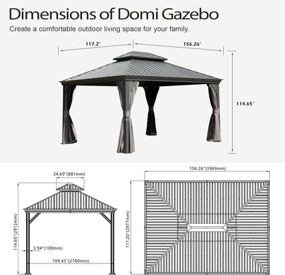 Crefise Patio Life 10' x 13' Hardtop Gazebo with Galvanized Steel Double Roof, Curtains & Netting