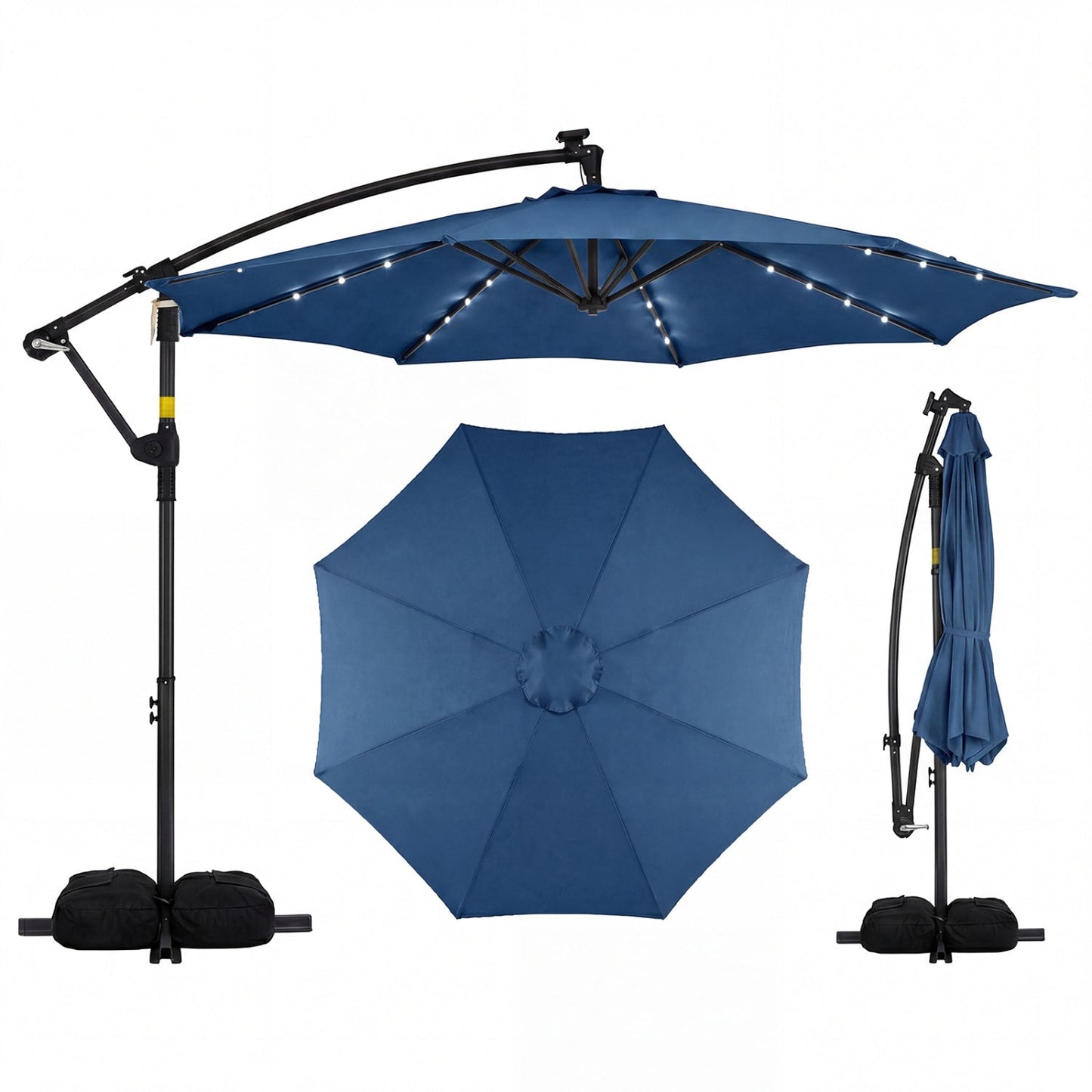 10 FT Solar LED Offset Cantilever Patio Umbrella Hanging Outdoor Market Umbrella