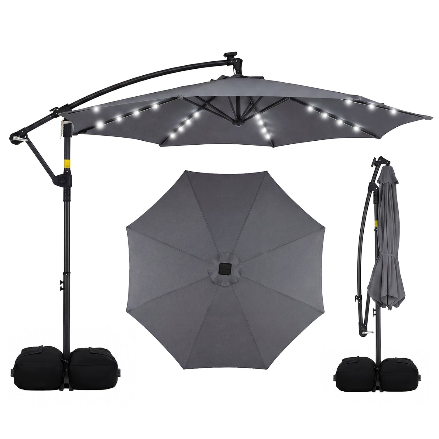 10 FT Solar LED Offset Cantilever Patio Umbrella Hanging Outdoor Market Umbrella