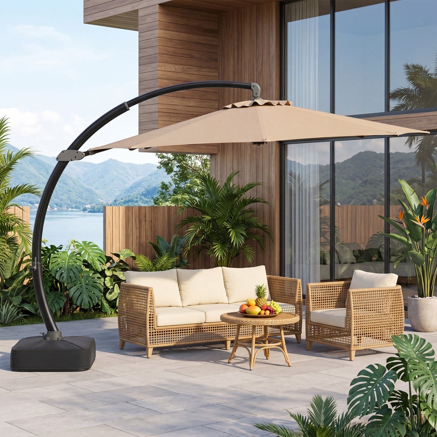 11 FT Cantilever Patio Umbrella with Base and 360° Rotation