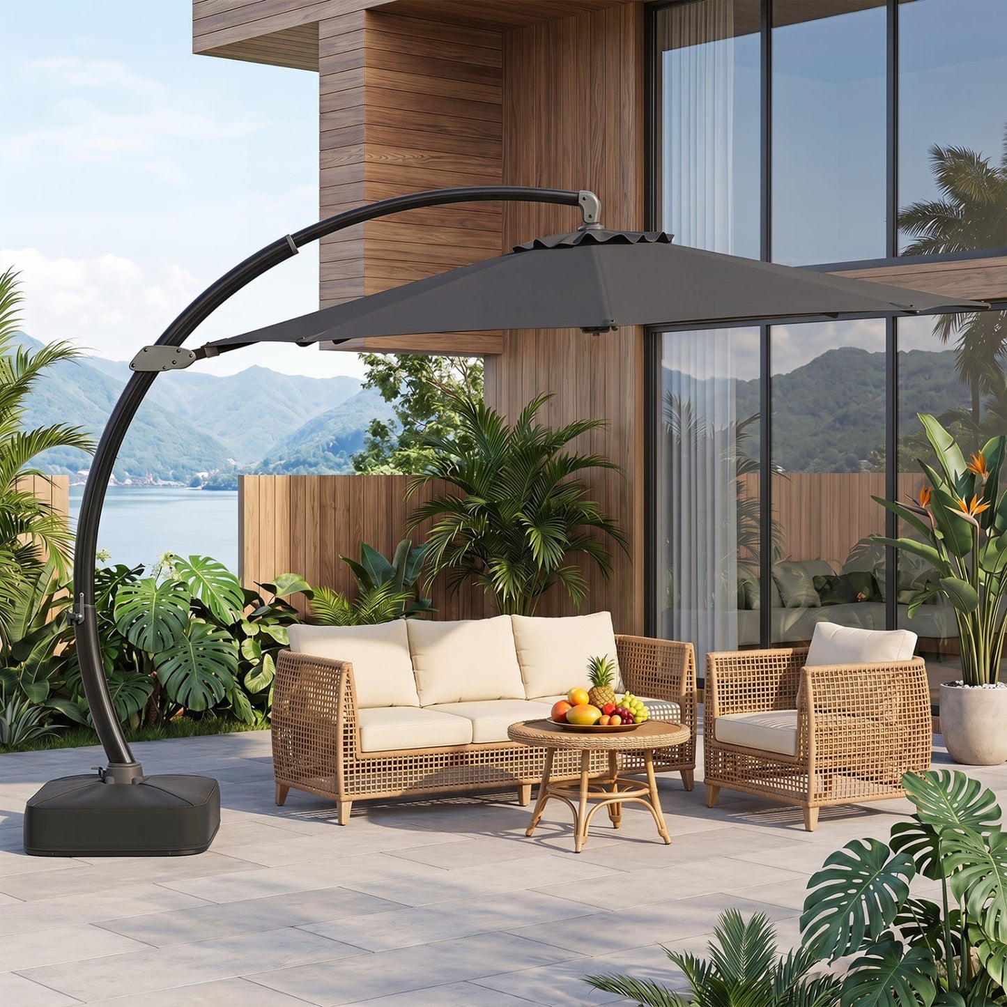 11 FT Cantilever Patio Umbrella with Base and 360° Rotation