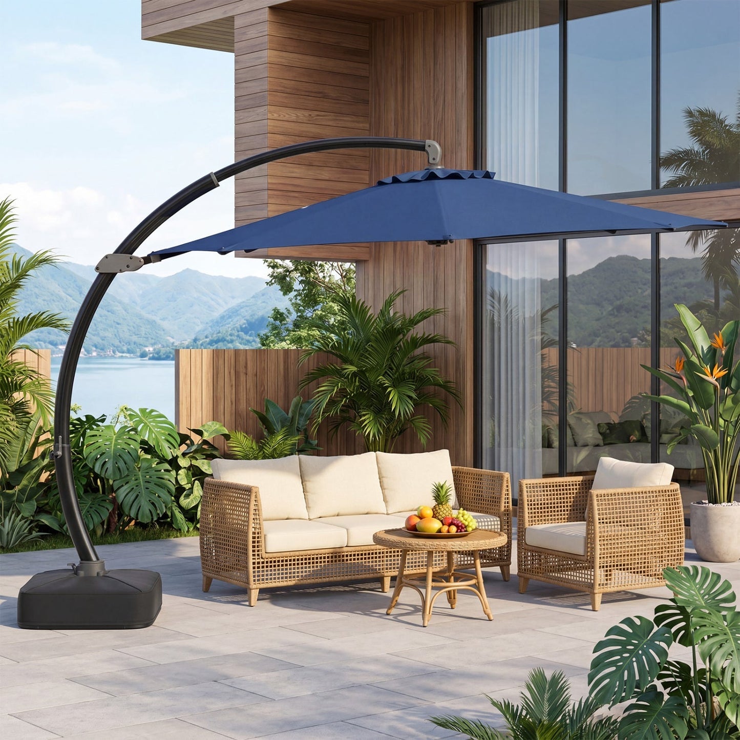 11 FT Cantilever Patio Umbrella with Base and 360° Rotation