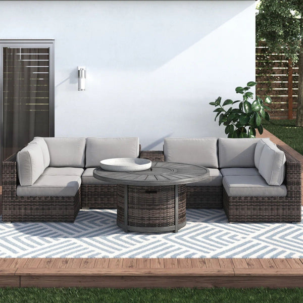 All-Weather 4-Person Patio Sofa Set with Fire Pit & Side Table – Brown