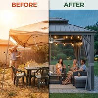 12'X14' Hardtop Gazebo, Heavy Duty Aluminum Permanent Hardtop Gazebo Outdoor Pavilion with Curtains and Netting for Garden — Before & After