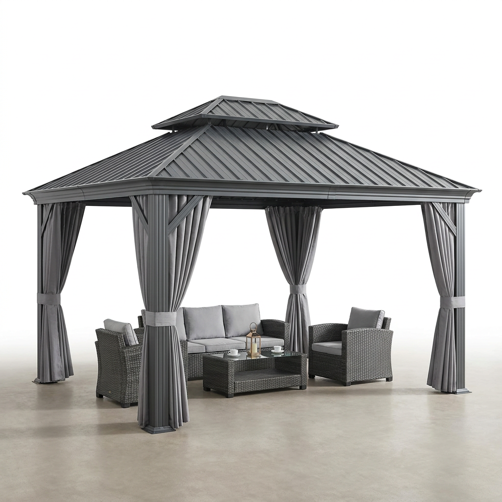 12'X14' Hardtop Gazebo, Heavy Duty Aluminum Permanent Hardtop Gazebo Outdoor Pavilion with Curtains and Netting for Garden — Studio Shot
