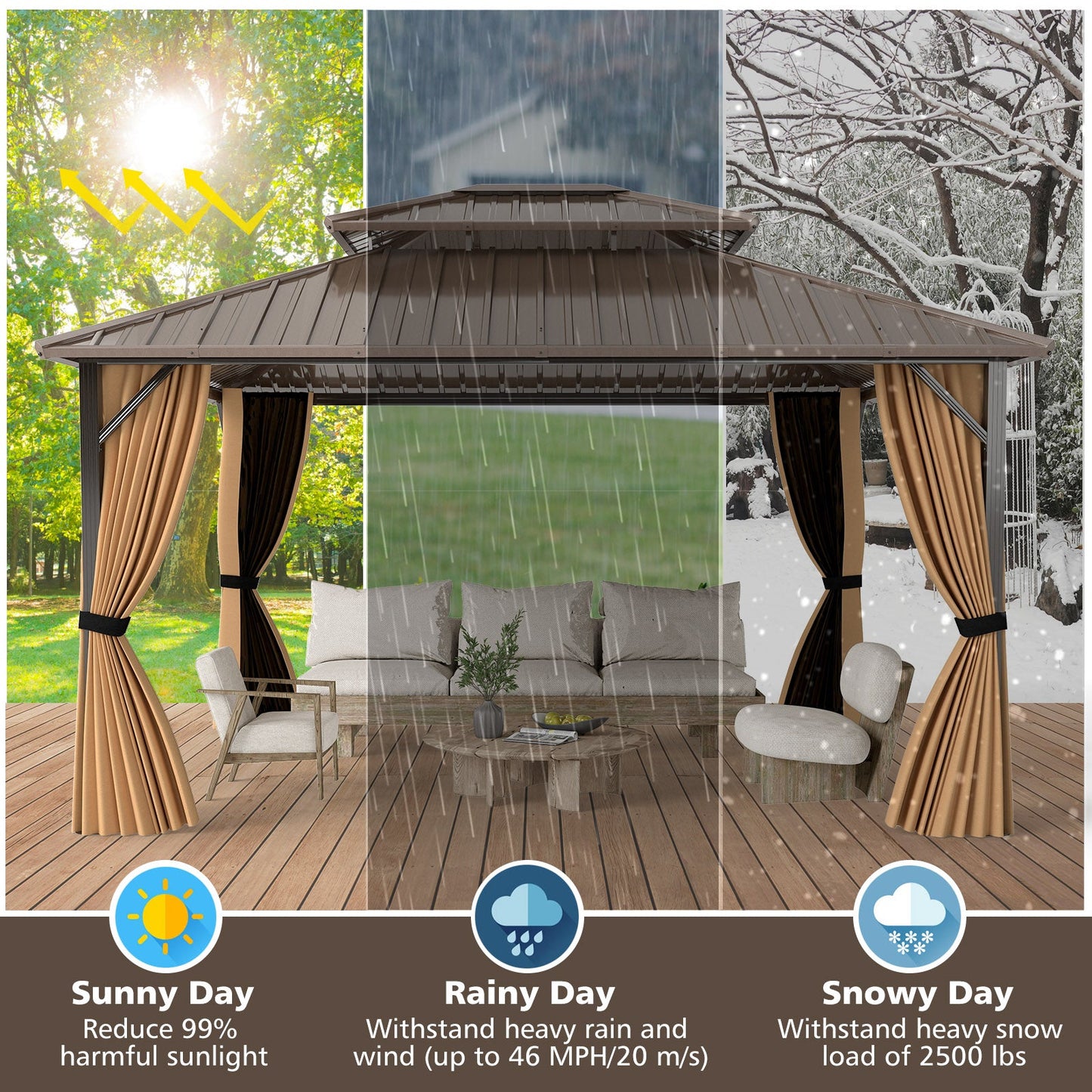 14 x 12 FT Hardtop Gazebo Outdoor Pergola for Patio Garden Deck Lawn Backyard Party Tent-Coffee