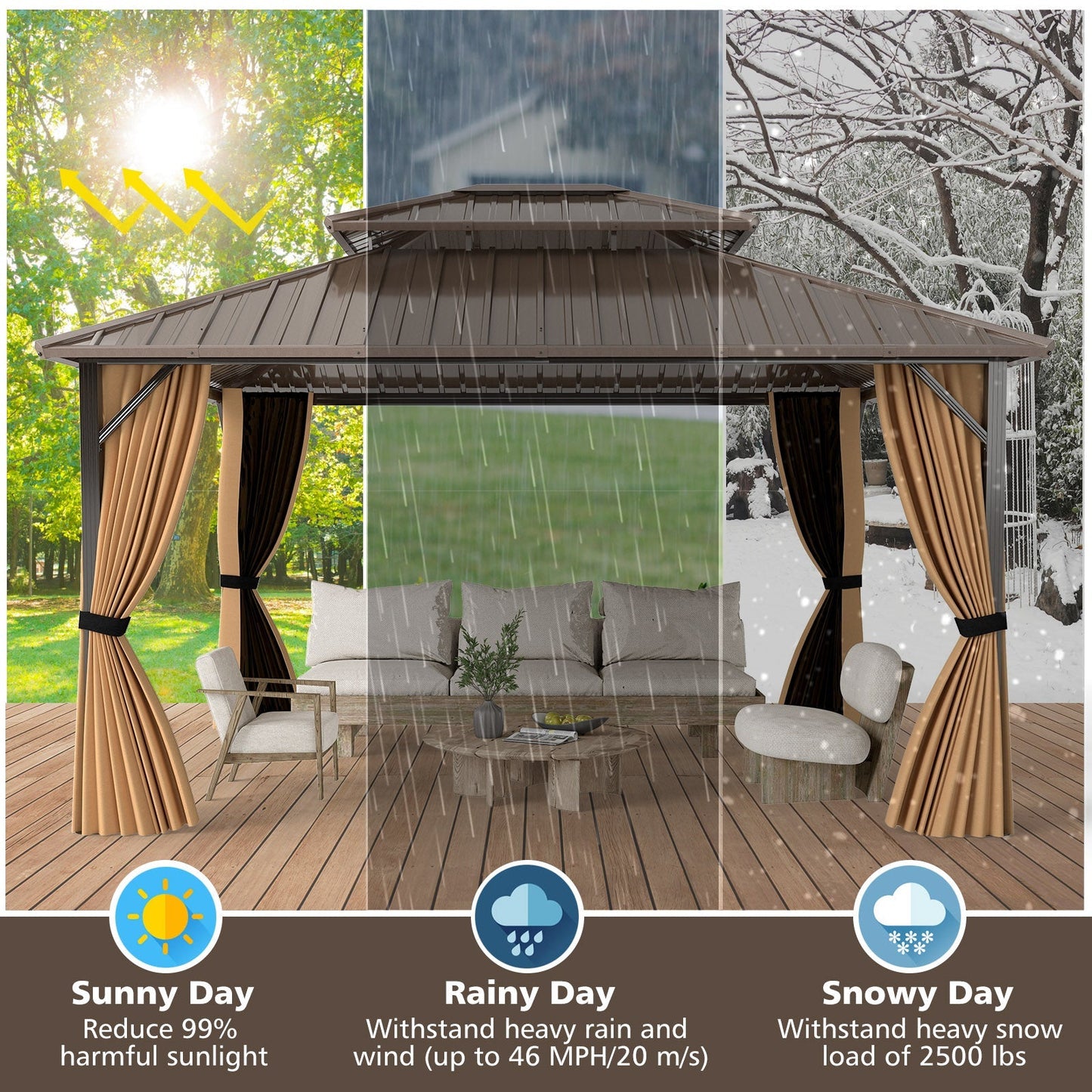 14 x 12 FT Hardtop Gazebo Outdoor Pergola for Patio Garden Deck Lawn Backyard Party Tent-Coffee