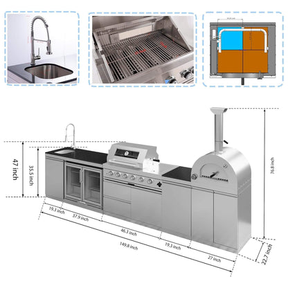 12.5' Stainless Steel Outdoor Kitchen Island with Grill, Pizza Oven & Refrigerator