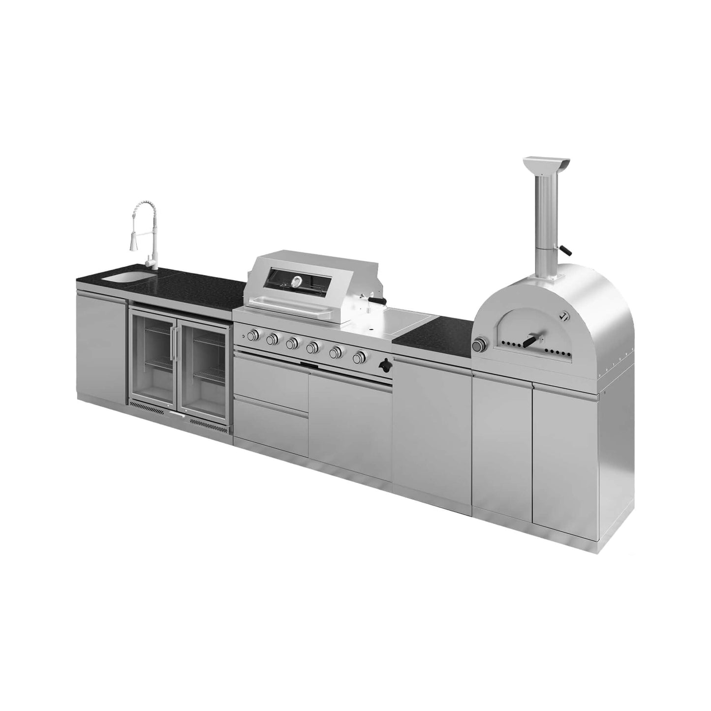 12.5' Stainless Steel Outdoor Kitchen Island with Grill, Pizza Oven & Refrigerator