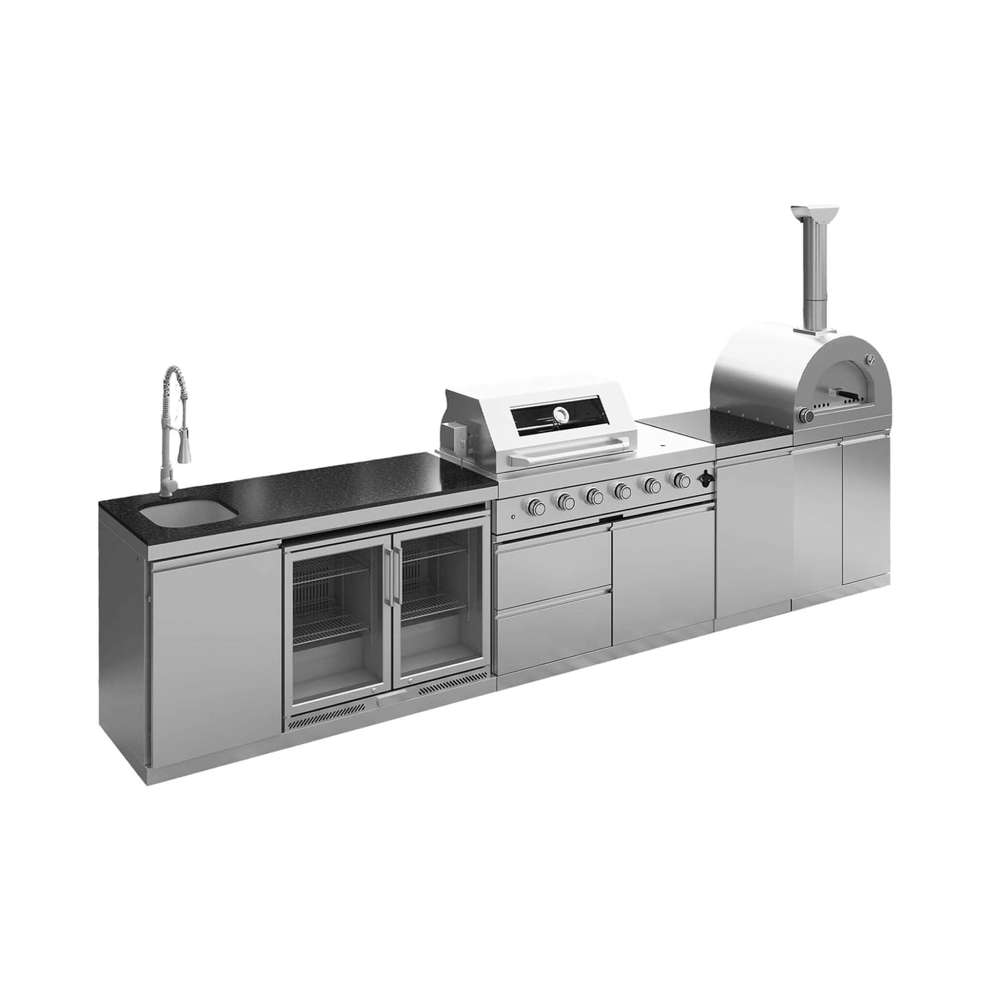 12.5' Stainless Steel Outdoor Kitchen Island with Grill, Pizza Oven & Refrigerator