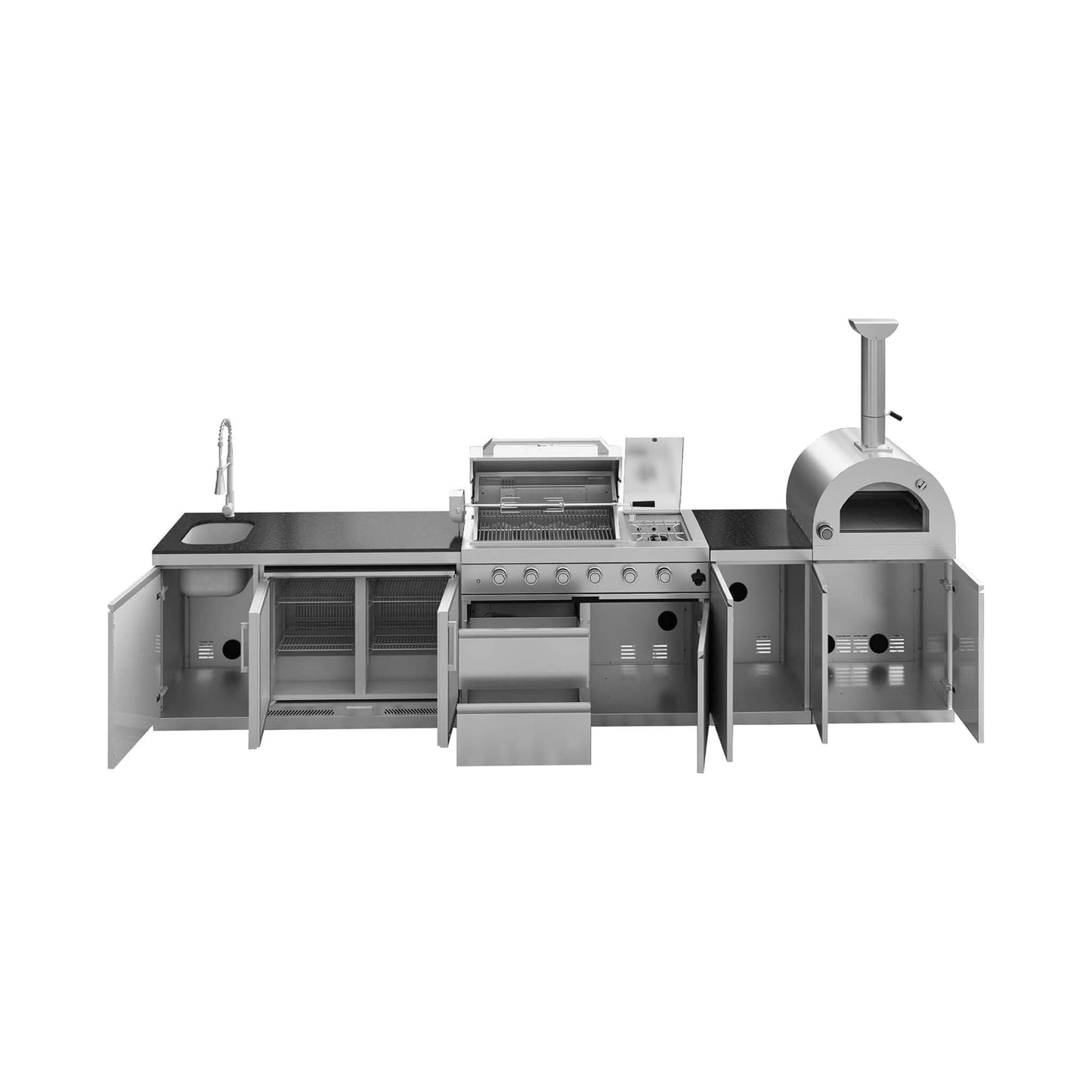 12.5' Stainless Steel Outdoor Kitchen Island with Grill, Pizza Oven & Refrigerator