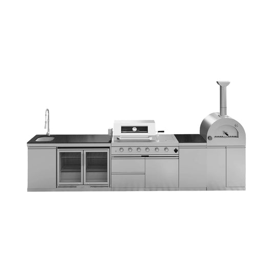 12.5' Stainless Steel Outdoor Kitchen Island with Grill, Pizza Oven & Refrigerator