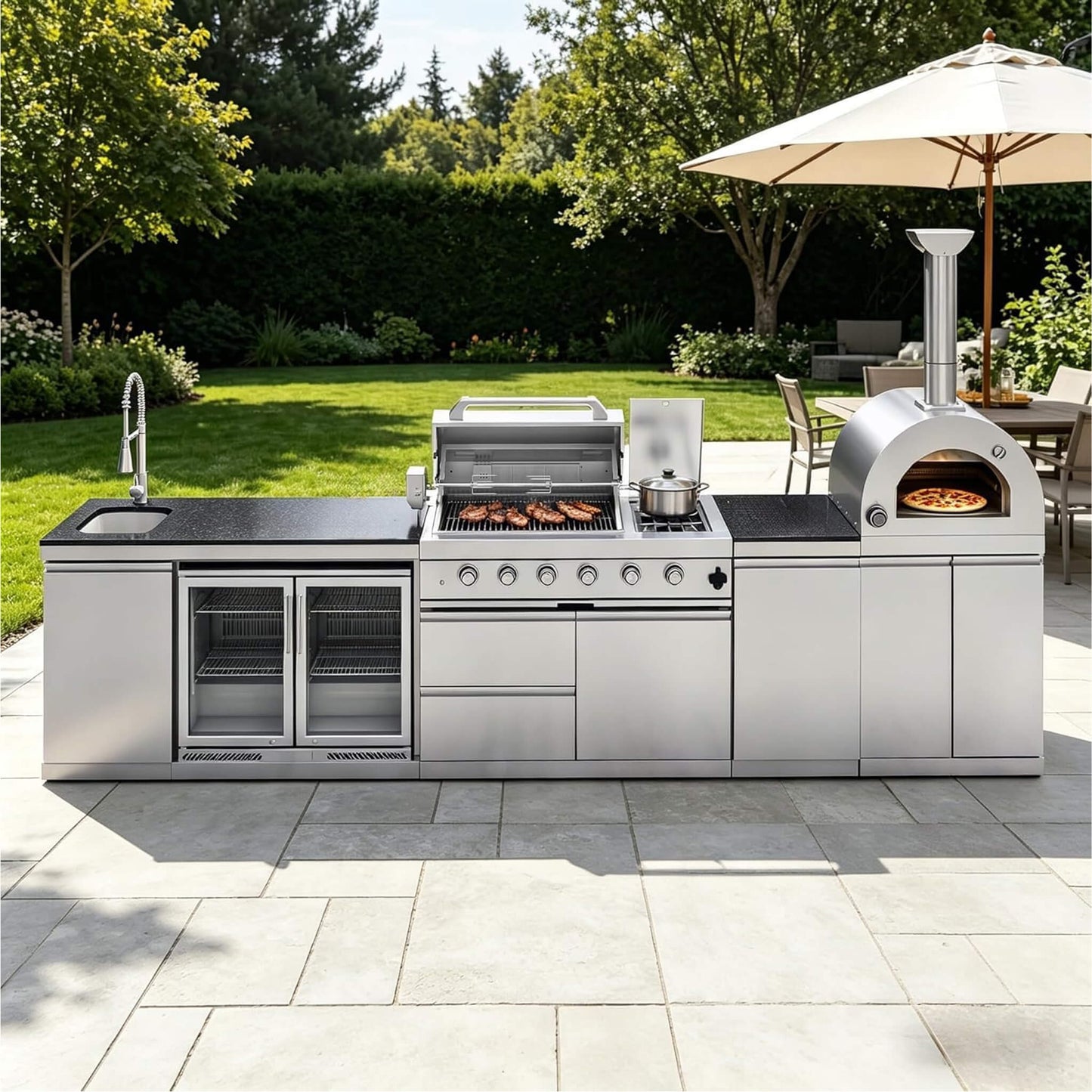 12.5' Stainless Steel Outdoor Kitchen Island with Grill, Pizza Oven & Refrigerator