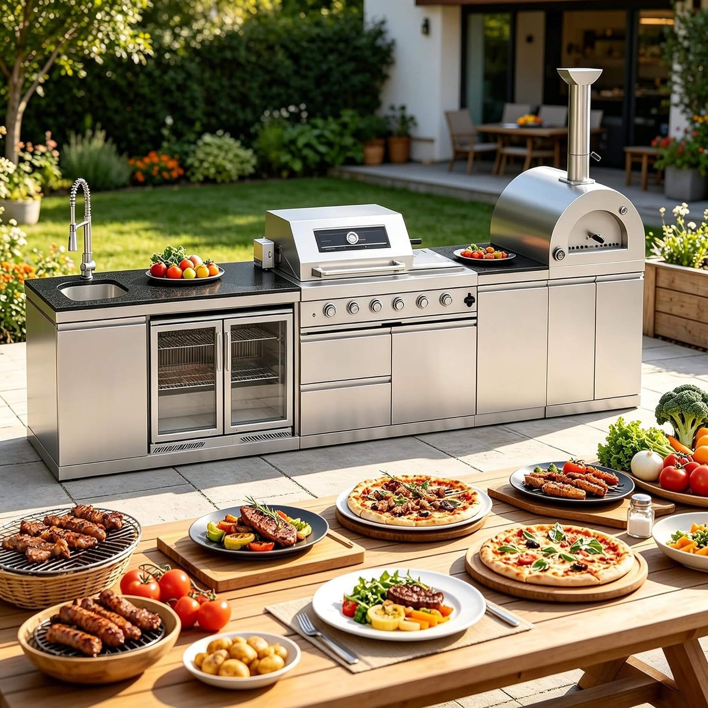 12.5' Stainless Steel Outdoor Kitchen Island with Grill, Pizza Oven & Refrigerator