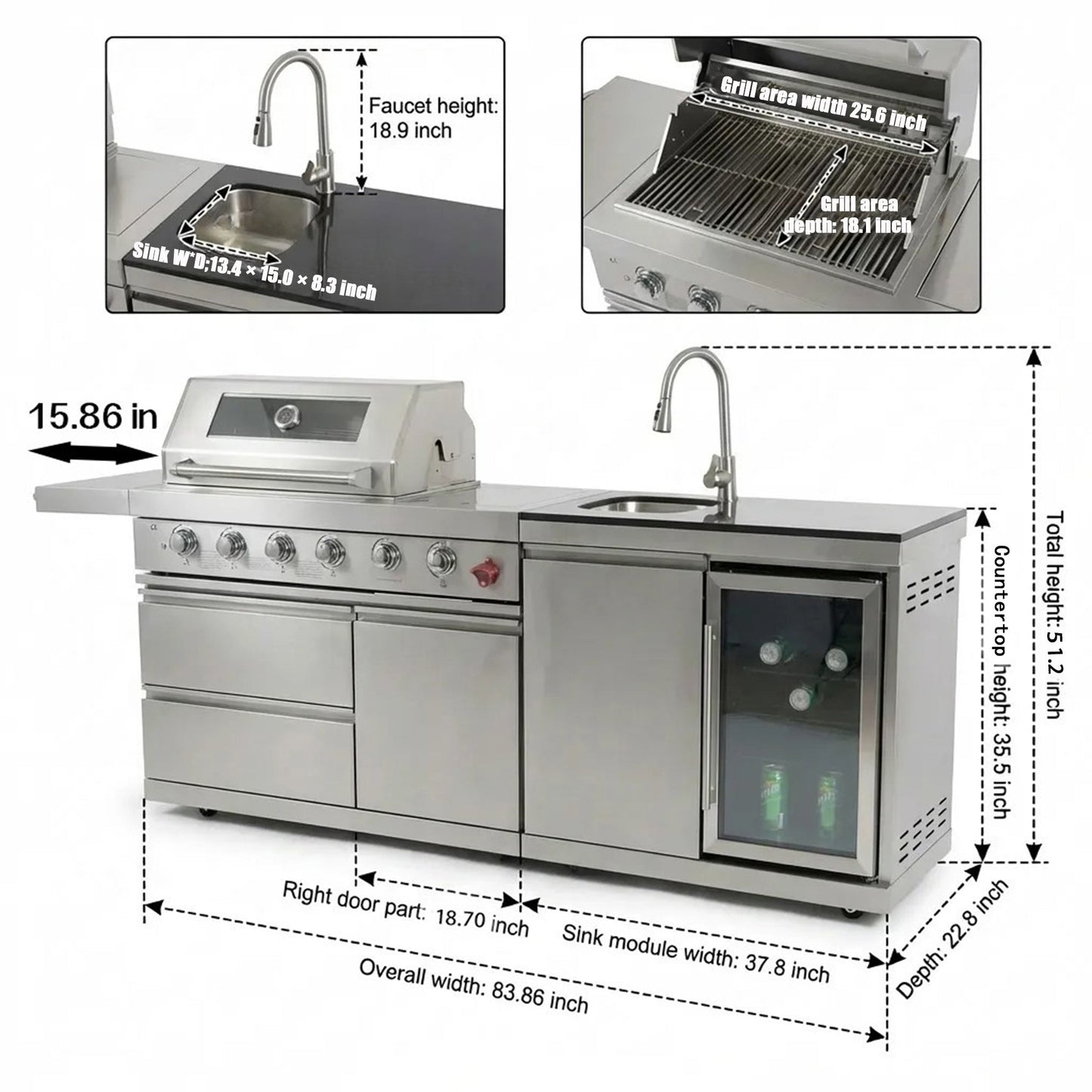 The Sterling 84" 6-Burner Stainless Steel Outdoor Kitchen with Refrigerator, Sink & Rotisserie