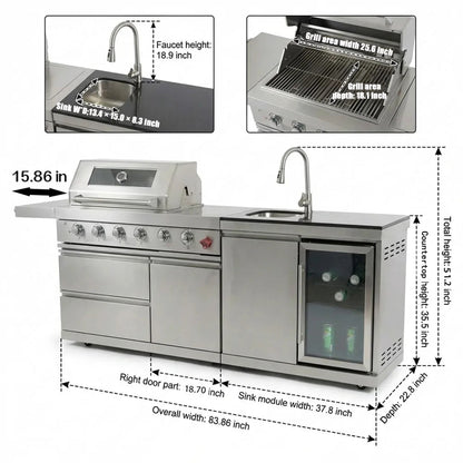 The Sterling 84" 6-Burner Stainless Steel Outdoor Kitchen with Refrigerator, Sink & Rotisserie