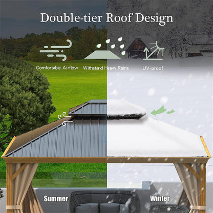 Crefise Patio Life 10' x 12' Wood-Look Aluminum Hardtop Gazebo with Double Steel Roof, Curtains & Netting