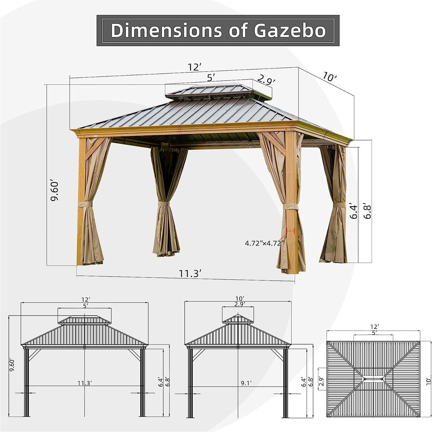 Crefise Patio Life 10' x 12' Wood-Look Aluminum Hardtop Gazebo with Double Steel Roof, Curtains & Netting