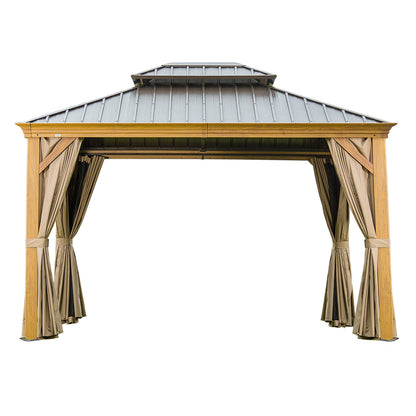 Crefise Patio Life 10' x 12' Wood-Look Aluminum Hardtop Gazebo with Double Steel Roof, Curtains & Netting