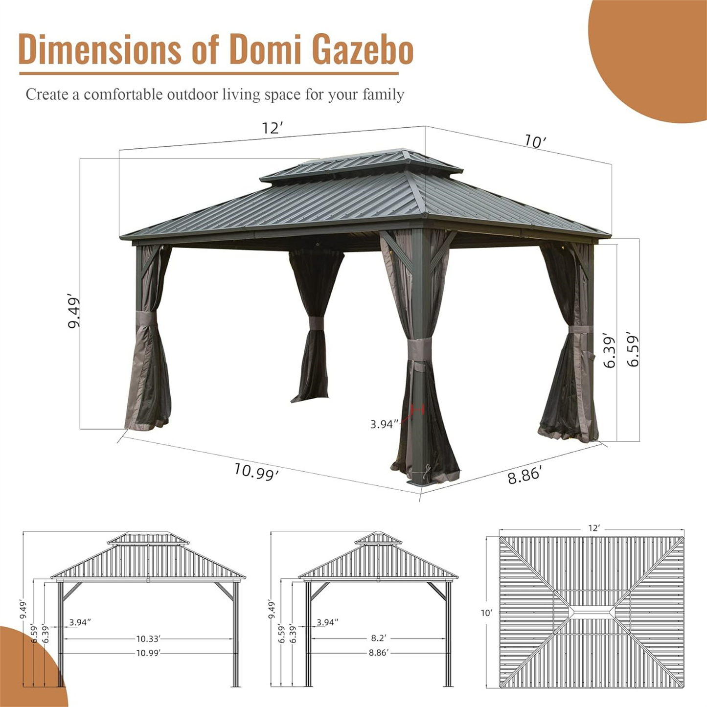 Crefise Patio Life 10' x 12' Hardtop Aluminum Gazebo with Double Steel Roof, Curtains & Netting
