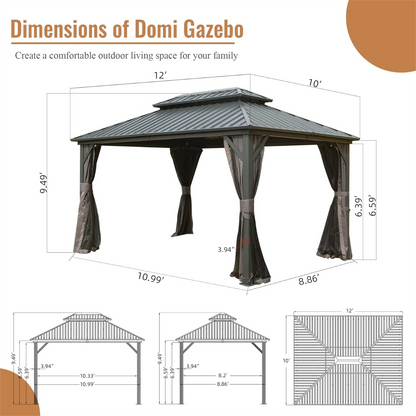 Crefise Patio Life 10' x 12' Hardtop Aluminum Gazebo with Double Steel Roof, Curtains & Netting
