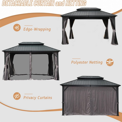 Crefise Patio Life 10' x 12' Hardtop Aluminum Gazebo with Double Steel Roof, Curtains & Netting