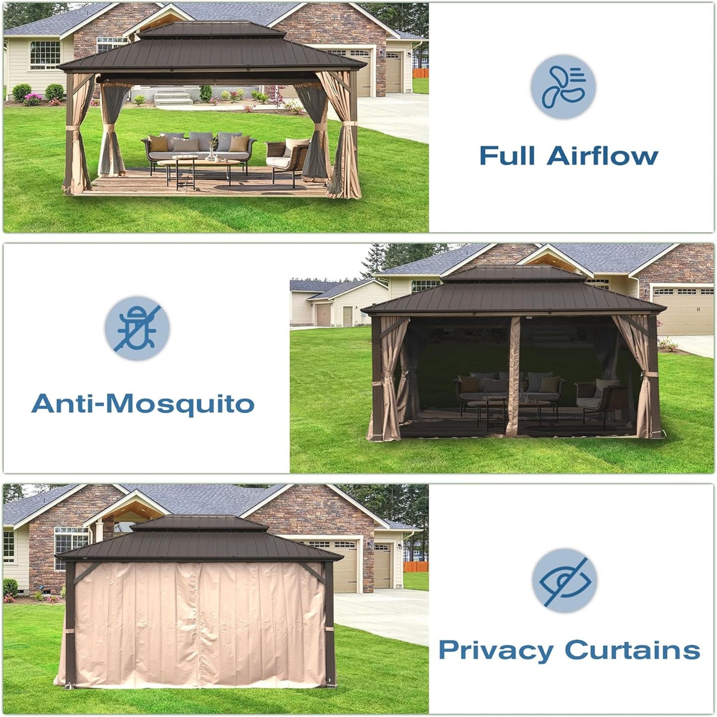 Crefise Patio Life 12' x 16' Hardtop Aluminum Gazebo with Double Roof, Curtains & Netting