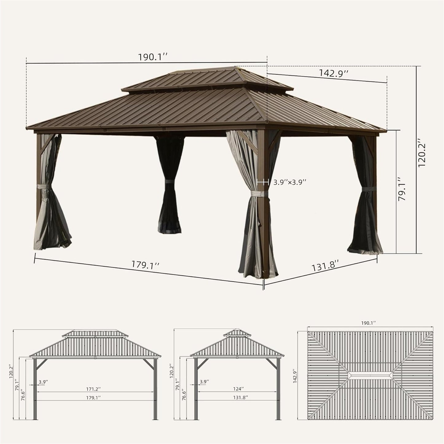 Crefise Patio Life 12' x 16' Hardtop Aluminum Gazebo with Double Roof, Curtains & Netting