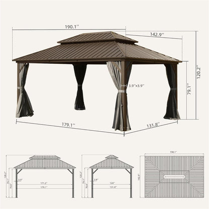 Crefise Patio Life 12' x 16' Hardtop Aluminum Gazebo with Double Roof, Curtains & Netting