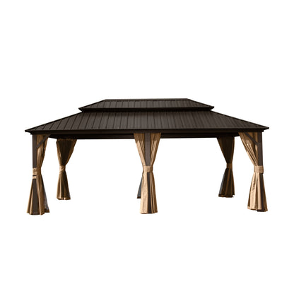 Crefise Patio Life 12' x 20' Hardtop Aluminum Gazebo with Double Steel Roof, Curtains & Netting