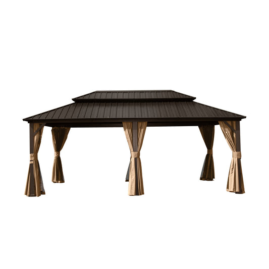 Crefise Patio Life 12' x 20' Hardtop Aluminum Gazebo with Double Steel Roof, Curtains & Netting