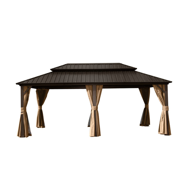 Crefise Patio Life 12' x 20' Hardtop Aluminum Gazebo with Double Steel Roof, Curtains & Netting