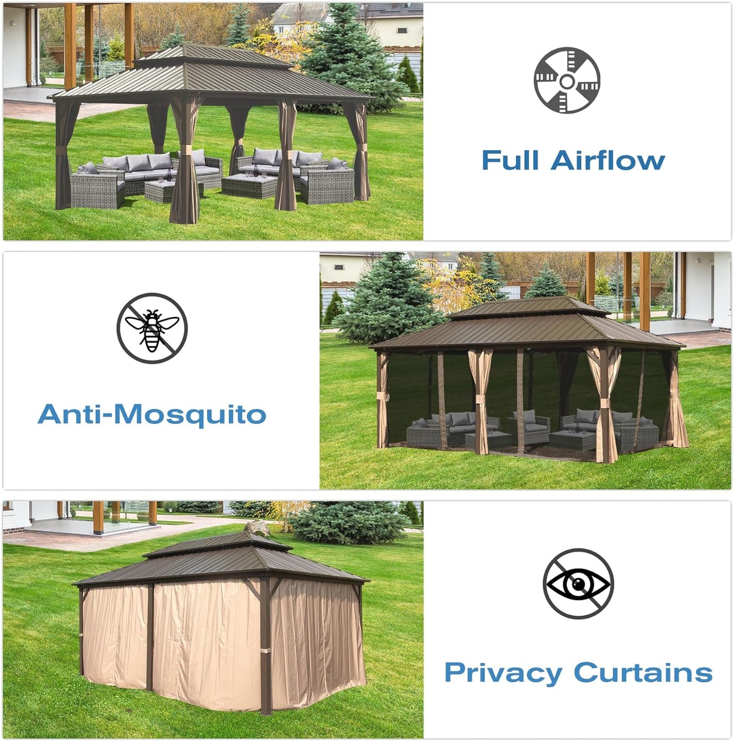 Crefise Patio Life 12' x 20' Hardtop Aluminum Gazebo with Double Steel Roof, Curtains & Netting