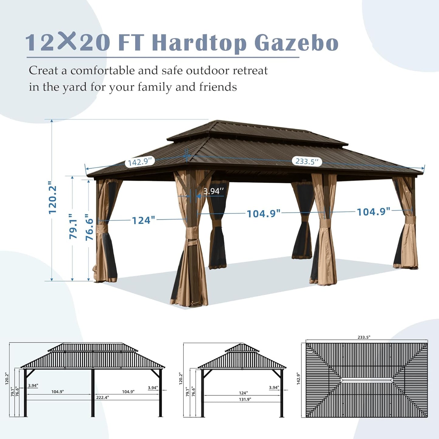 Crefise Patio Life 12' x 20' Hardtop Aluminum Gazebo with Double Steel Roof, Curtains & Netting