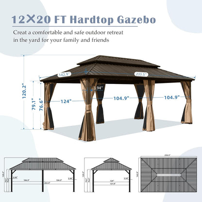 Crefise Patio Life 12' x 20' Hardtop Aluminum Gazebo with Double Steel Roof, Curtains & Netting