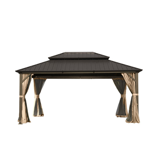 Crefise Patio Life 12' x 16' Hardtop Aluminum Gazebo with Double Roof, Curtains & Netting