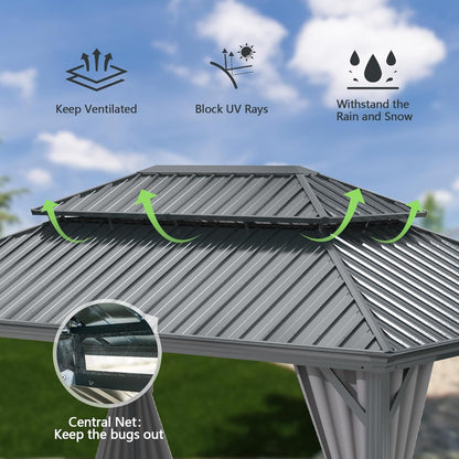 Crefise Patio Life 10' x 13' Hardtop Gazebo with Galvanized Steel Double Roof, Curtains & Netting