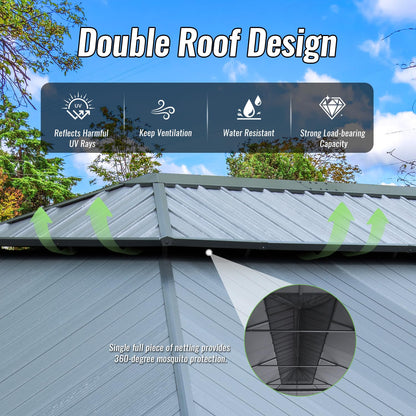 Crefise Patio Life 14' x 24' Hardtop Gazebo with Resin Roof, Curtains & Netting