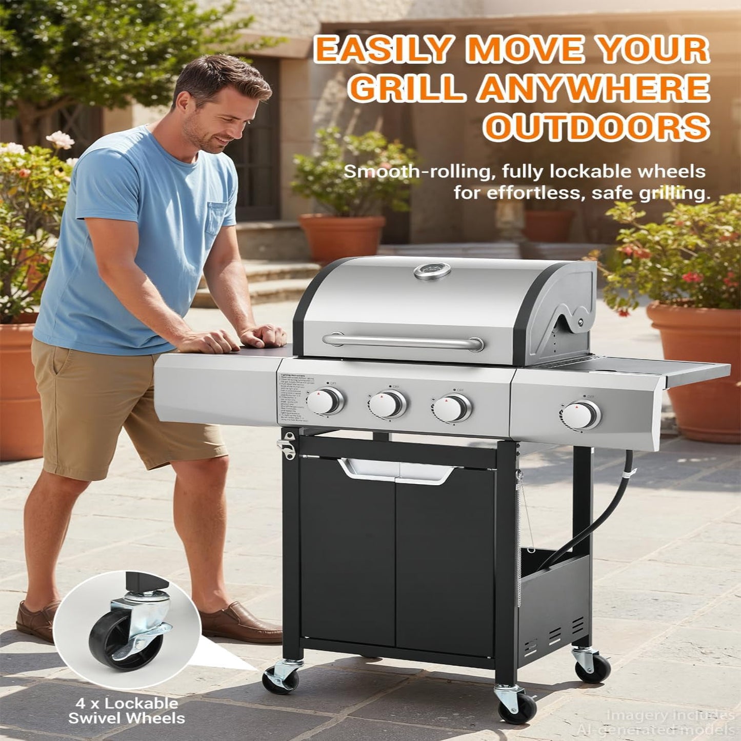 3 Burner Propane Gas Grill with Side Burner, 40,500 BTU Stainless Steel BBQ Grill, 380 Sq.In Cooking Area, Cast Iron Grates, Outdoor Gas Grill for Patio, Backyard, Garden & Outdoor Cooking