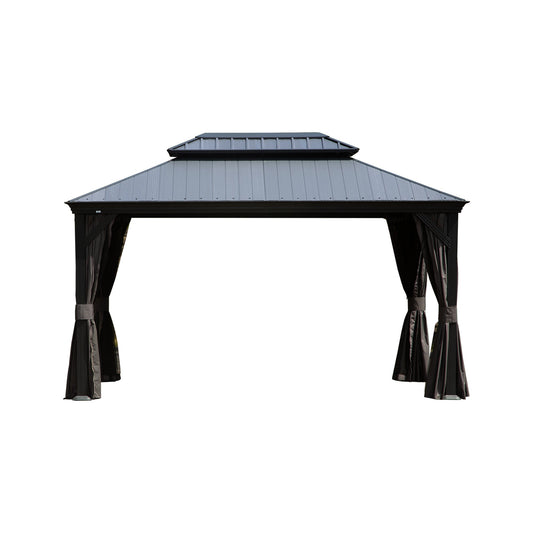 Crefise Patio Life 12' x 16' Hardtop Gazebo with Resin Roof, Drainage Gutters, Curtains & Netting