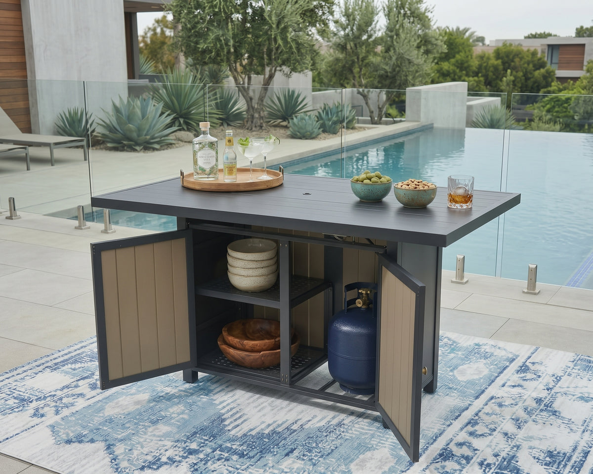 East Beach 70" Outdoor Bar Table with Propane Fire Pit & Storage