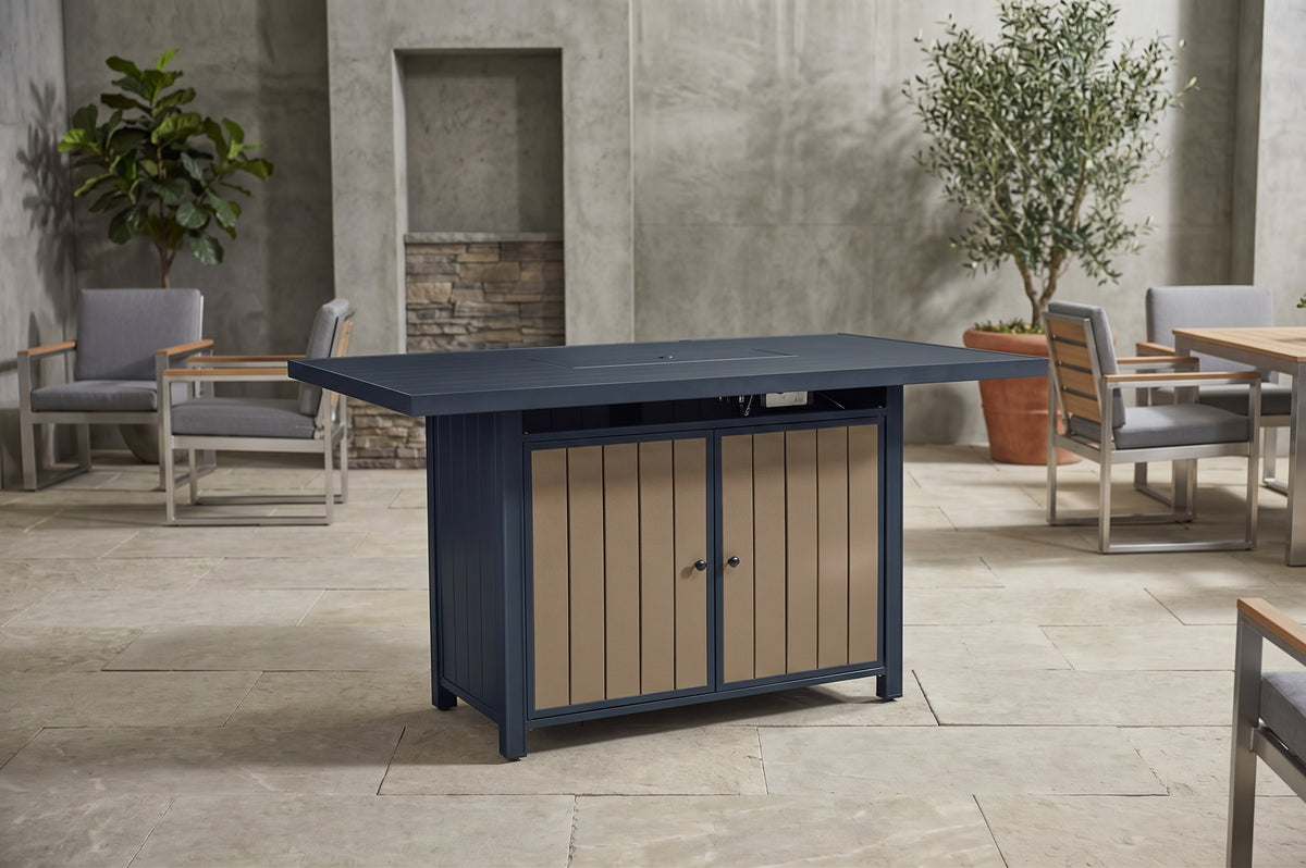 East Beach 70" Outdoor Bar Table with Propane Fire Pit & Storage